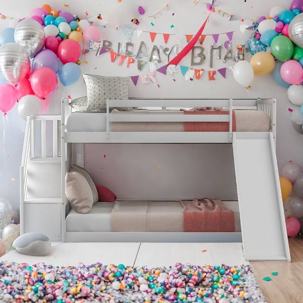 slide 2 of 13, Twin over Twin Bunk Bed with Convertible Slide and Stairway,Assembly required,No need Spring box,White White