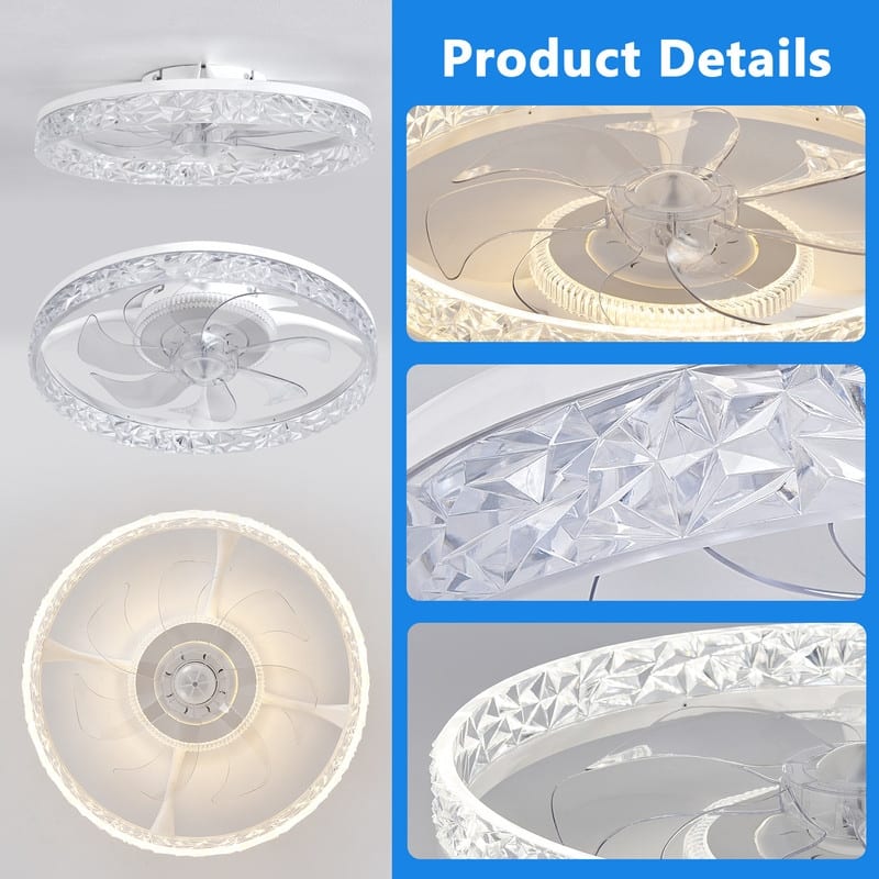 Modern Ceiling Fan Light, Remote, Dimmable LED, 6-Speed, Quiet, Flush Mount