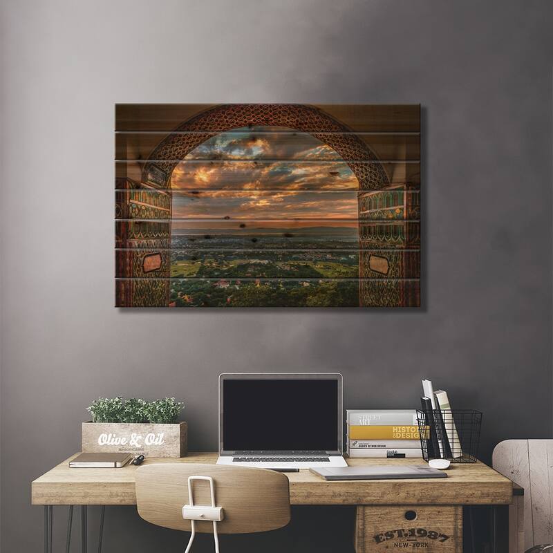 Myanmar Temple Sunset I Print On Wood by Alex G Perez - Multi-Color