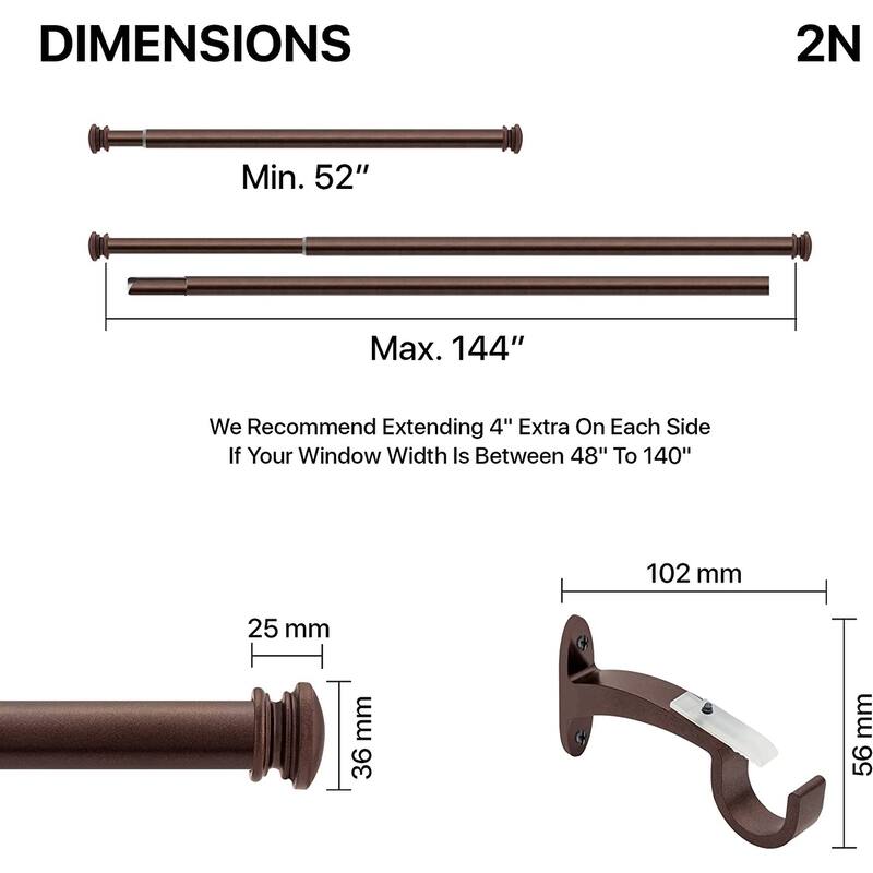 Deco Window 1 Inch Adjustable Curtain Rod for Windows & Doors Curtains with Endcap Round Finials & Brackets Set