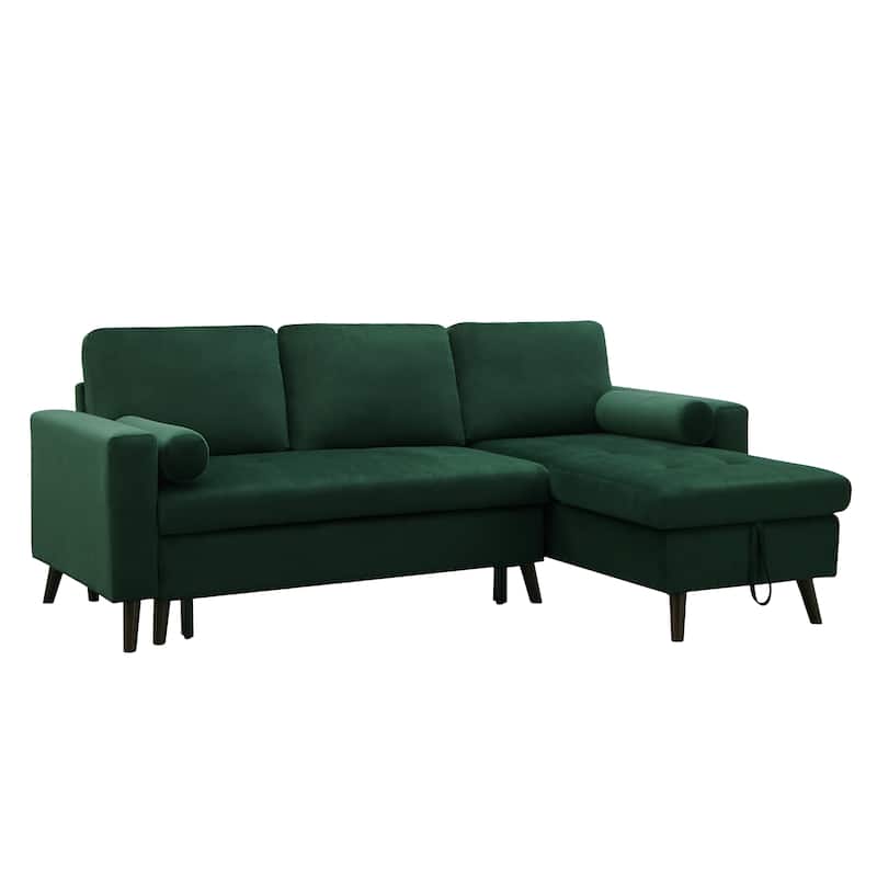 Green 88" Velvet L-Shape Sleeper Sofa with Pull-Out Bed