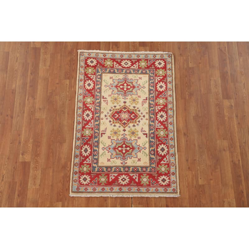 Geometric Yellow Kazak Accent Rug Handmade Traditional Wool Carpet - 2'8" x 4'0"