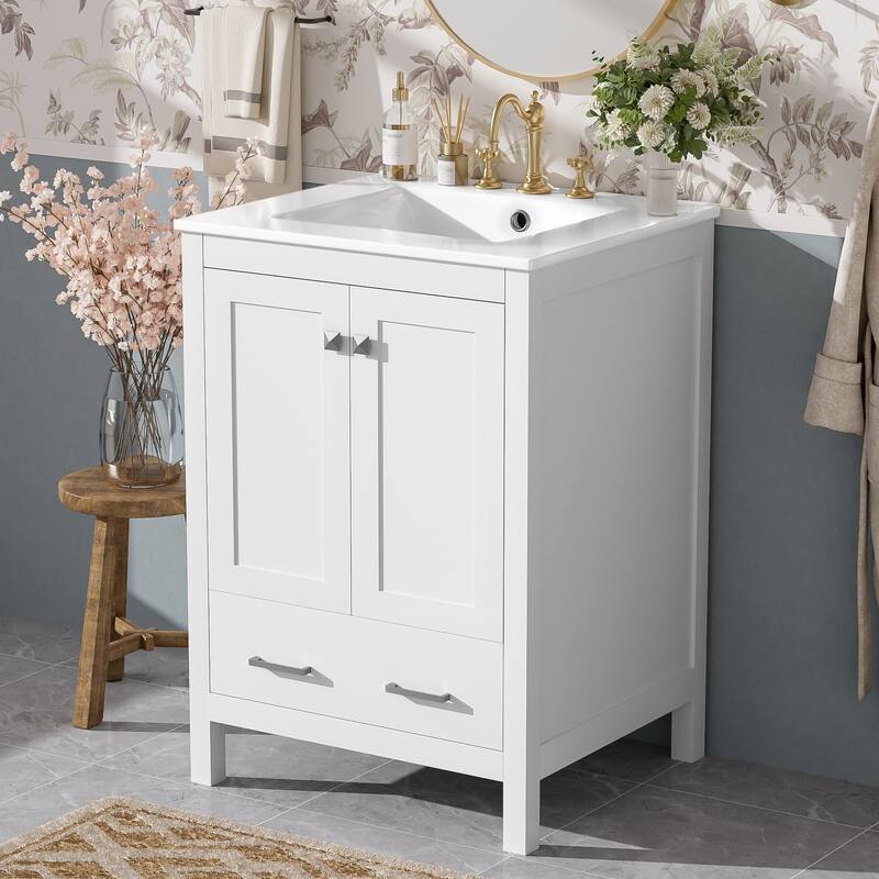 24-inch bathroom vanity with integrated undermount basin and a storage cabinet featuring 2 doors and 1 drawer.