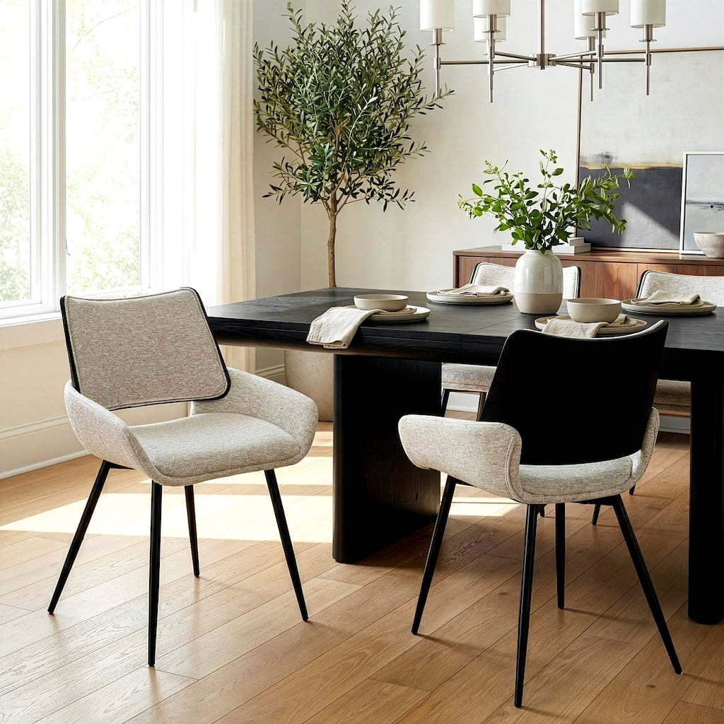 Set of 2 Bea White Two-Toned Linen Fabric Dining Chair with Black Iron Legs