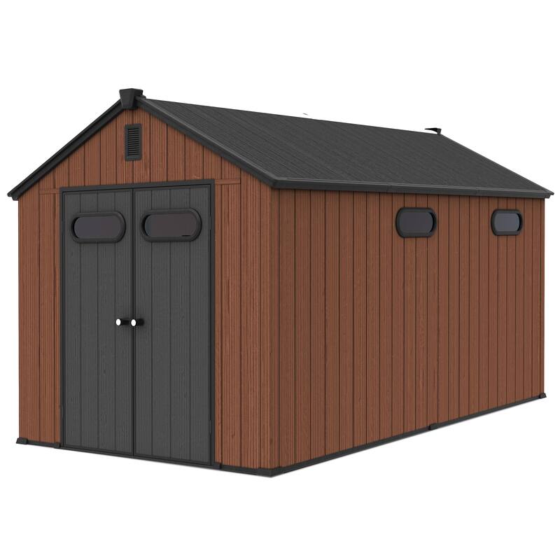 VredHom 8X8/8X10/8X12 FT All-Weather Outdoor Resin Lockable Storage Shed with Windows Floor for Patio Furniture and Tools - 8X12FT - Brown