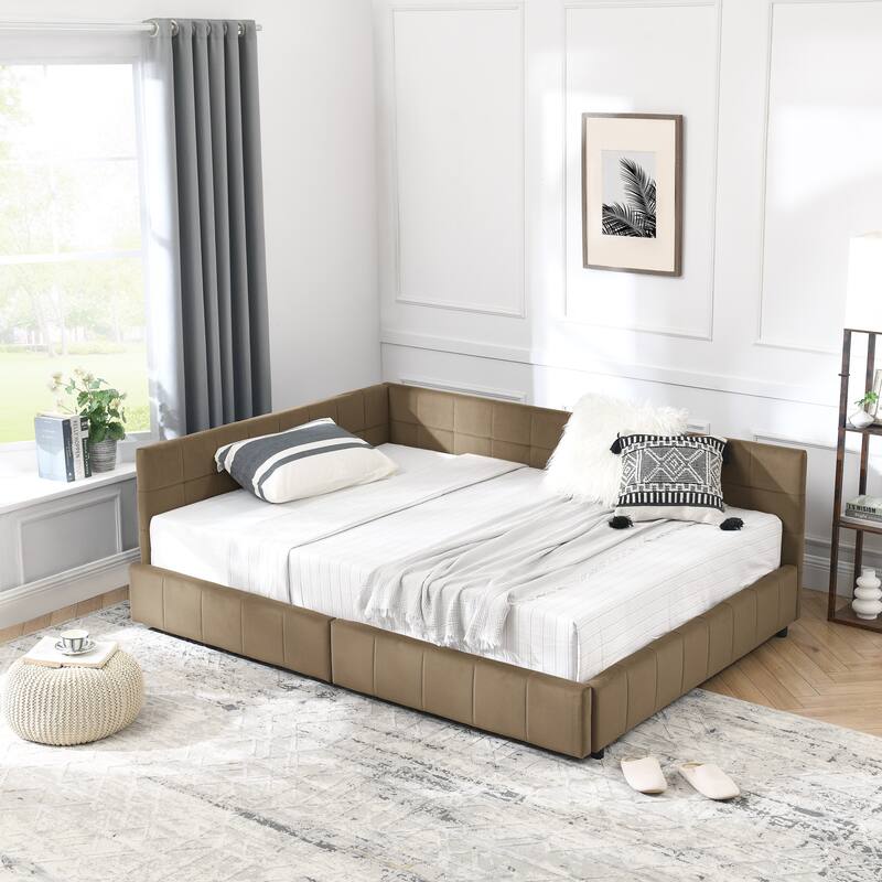 L-shaped Velvet Upholstered Daybed Tufted Sofa Bed with Soft Backrest Armrests - and Optional Corner Storage Day Bed