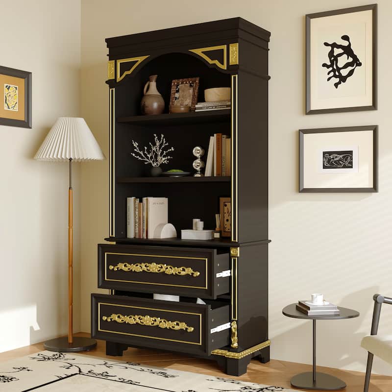 Black & Gold Display Cabinet with Shelves and Drawers, Elegant Glossy Bookcase for Living Room Storage