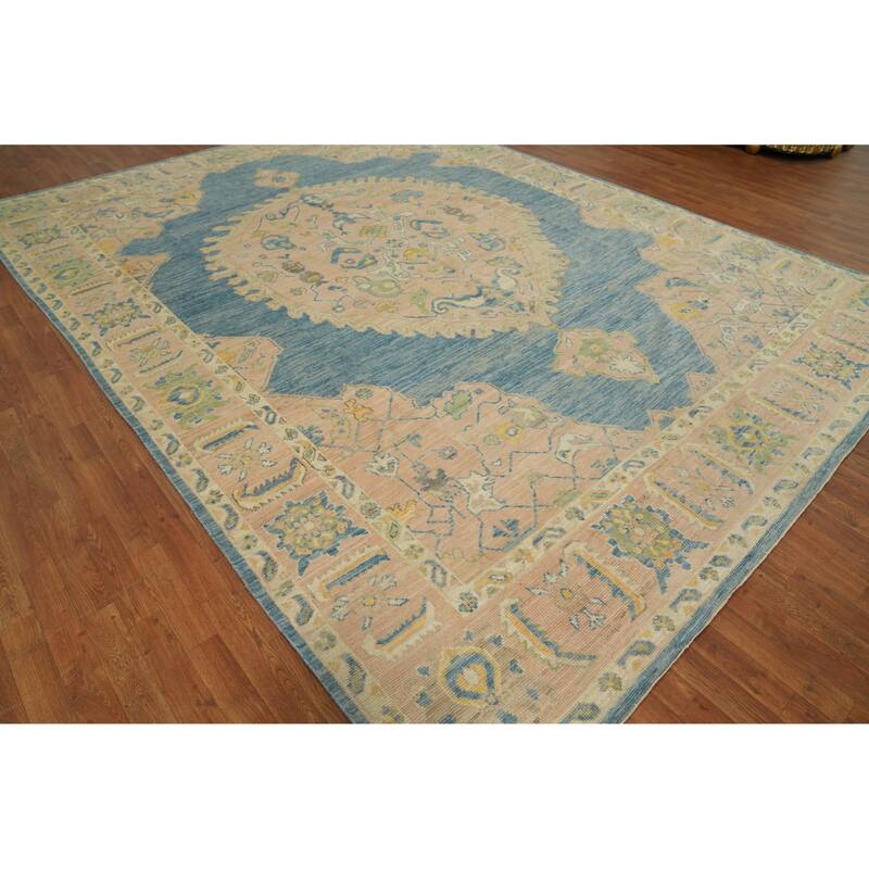Vegetable Dye Wool Oushak Turkish Area Rug, Medallion Geometric Carpet - 13' 4'' X 9' 10''