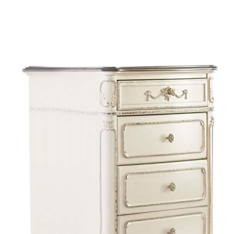 5 Drawer Chest with Floral Motif Carving Details, Antique White and Brown