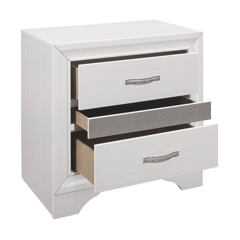 Glamorous Nightstand with Hidden Jewelry Drawer, White Finish, Silver Glitter - White