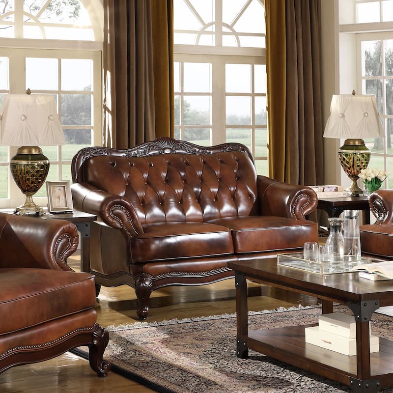 Victoria Full Leather Upholstered Rolled Arm Sofa Brown