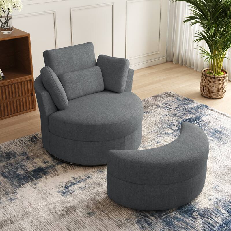 Oversized Upholstered Swivel Barrel Chairs with Storage Ottoman - Grey