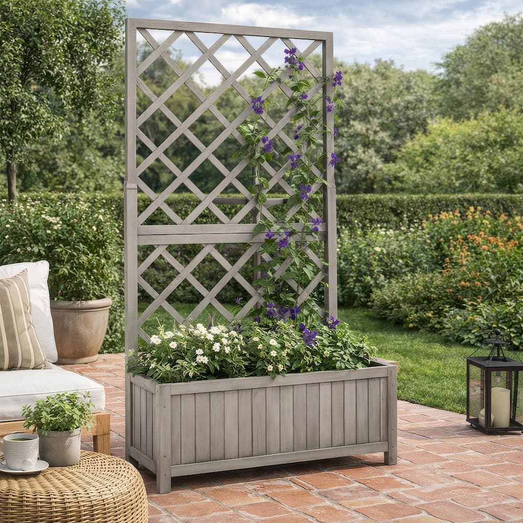 Simi Outdoor Garden Planter, Built In Trellis, 53 Inch Gray Solid Wood