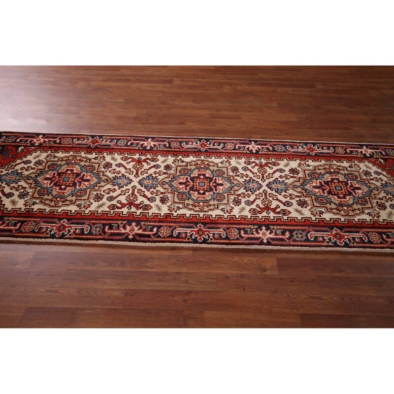 Ivory Geometric Heriz Serapi Oriental Runner Rug Handmade Wool Carpet - 2'7"x 8'1"