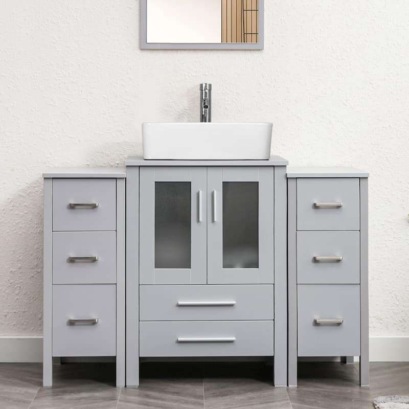 48" Bathroom Vanity Set Vessel Sink Faucet W/ Small Cabinet Combo - white ceramic rectangular sink - Grey