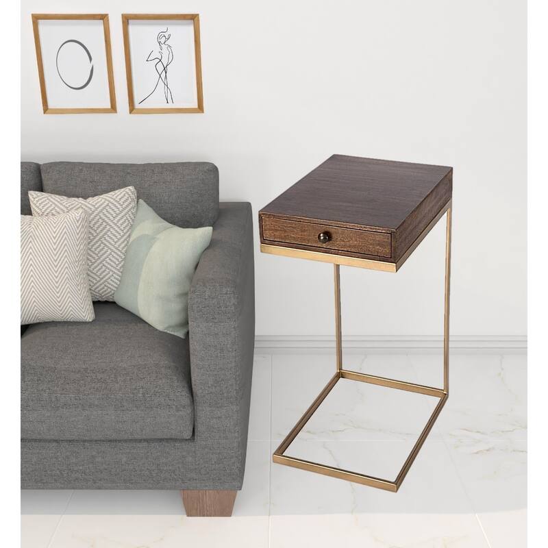 27" Natural Brown Rustic Wood End Table with Drawer and Iron Sled Base Distressed Finish - 27.25"H x 13.75"L x 17.75"W