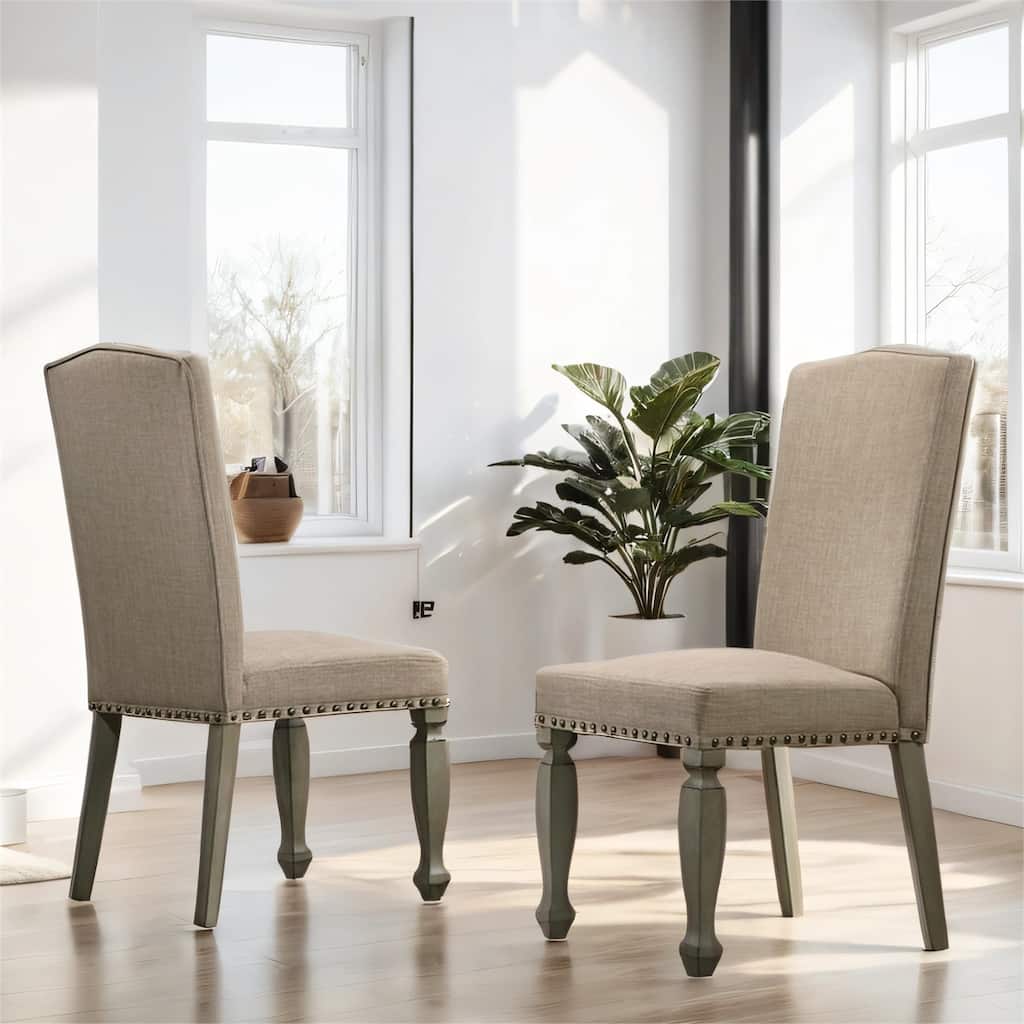 Antique Gray Finish Upholstered Nailhead Dining Chair, Set of 2
