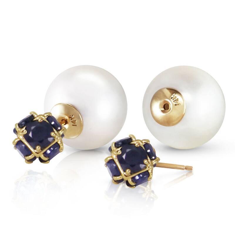 14K Solid Gold Tribal Double Shell Pearls And Sapphires Stud Earrings