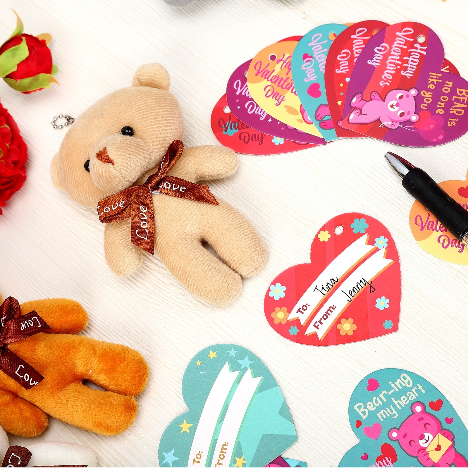 28PCS Valentines Day Gift Cards for Kids with Bear Plush Toys