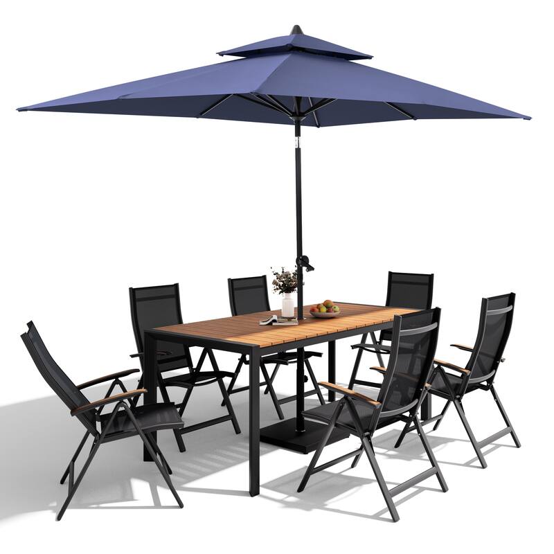 9-Piece Outdoor Patio Dining Set Wood Like Aluminum Umbrella Hole Table with Folding Chairs, Market Umbrella and Base
