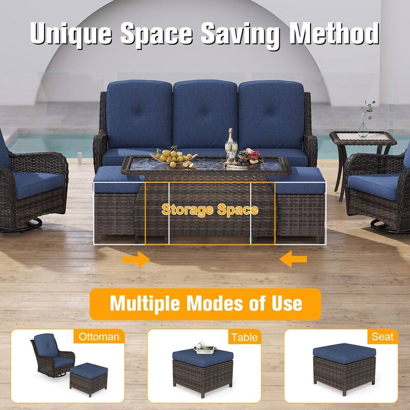 7 Pieces Patio Furniture Set with Swivel Rocking Chair, Coffee Table, Side Table for Backyard, Garden, Navy Blue/Beige/Orange