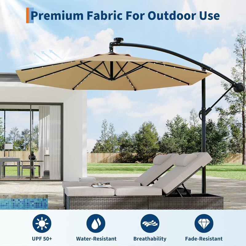 10ft Solar Lights Offset Patio Umbrella, Cantilever Umbrella with Easy Lift & Tilt Adjustment, 8 Ribs Sun Umbrella UV