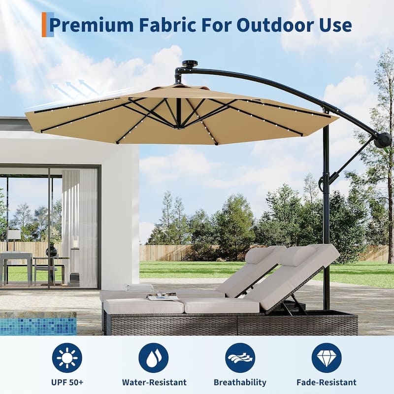 10ft Solar Lights Patio Umbrella, Cantilever Umbrella with Easy Lift and Tilt Adjustment