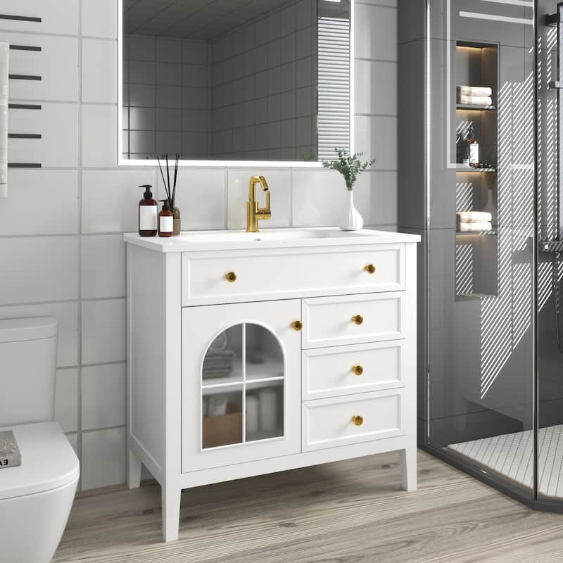 35.6-Inch Mid-Century Bathroom Vanity Sink with Patterned Glass & Motion-Sensor Light Strip, High-End Vanity Cabinet