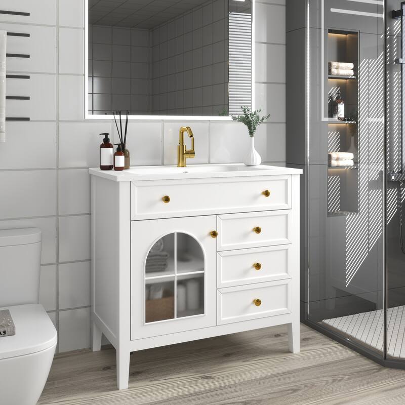 Freestanding 36" Bathroom Vanity Sink Cabinet with Motion-sensor Light Strip, Patterned Glass & Drawers