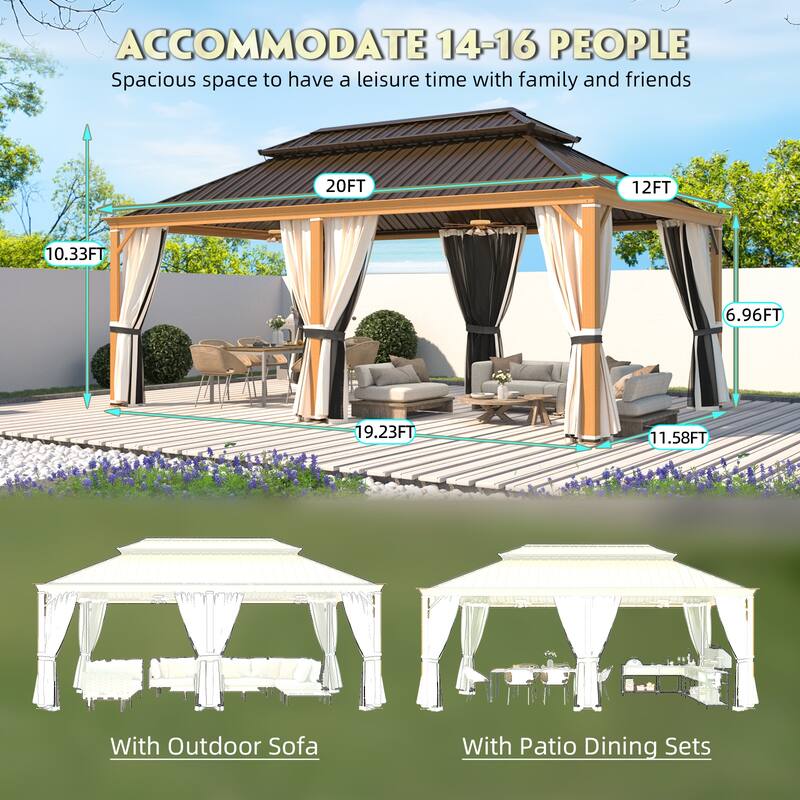 EROMMY Hardtop Gazebo with Galvanized Steel Roof and Curtains, Outdoor Aluminum Pavilion for Patio, Backyard, Lawn