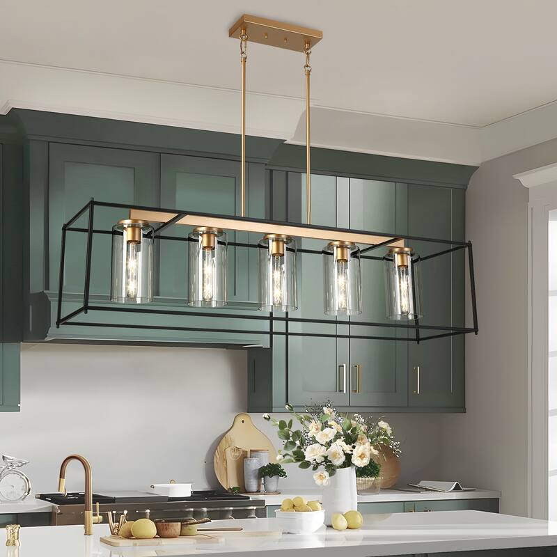 Modern Farmhouse Black Gold 5-Light Linear Cage Chandelier with Cylinder Glass - 49.2"W x 12.6"D x 27"-76.6"H