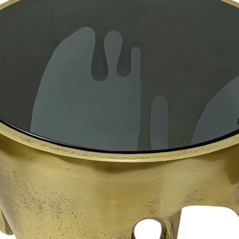 Capri Side End Table, 24.75 Inch Round Glass Top, Melting Drip Design, Antique Gold