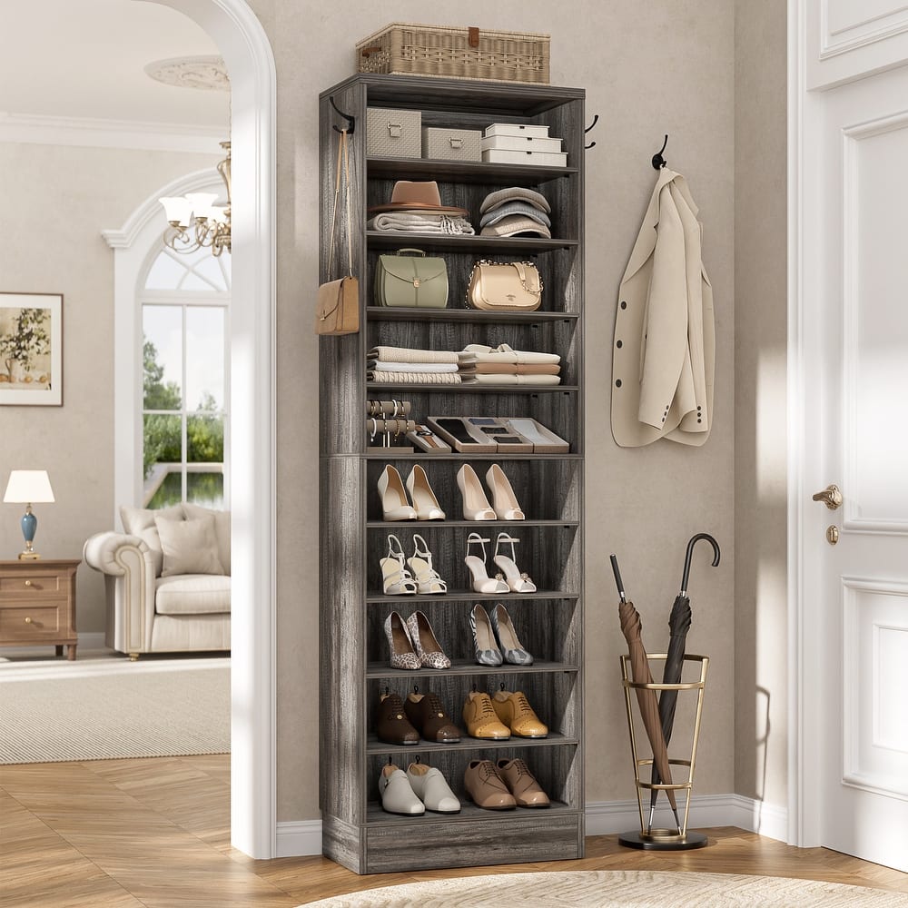 Freestanding 10-Tier Shoe Storage Cabinet,Narrow Wood Shoe Rack Shoe Organizer,Sturdy Closet Organizer Open Display Cabinet