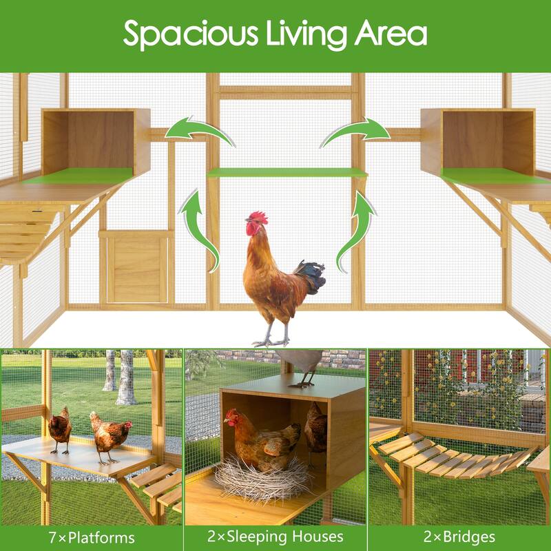 Spacious and Durable Wooden Chicken Coop：Spacious and Safe Environment for Feeding Multiple Chickens with Easy Cleaning