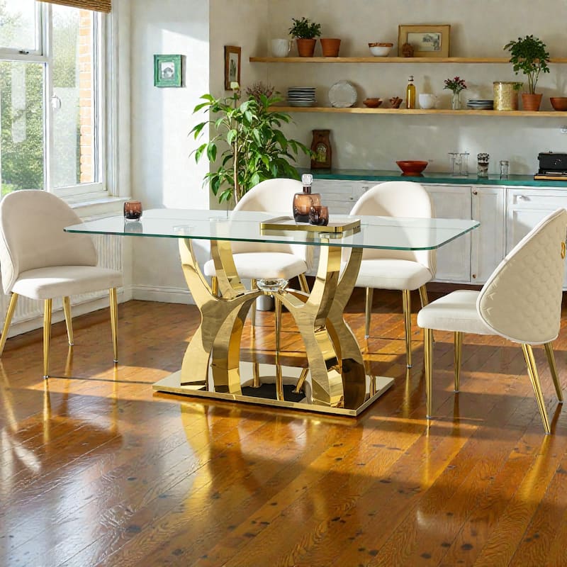 68.9 Inch Luxury Glass Dining Table for 6, Clear Tempered Glass Top with Gold Curved Base, Modern Design