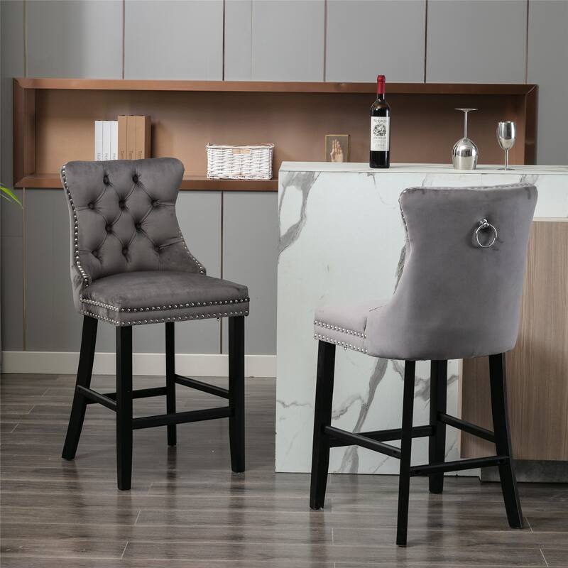 GDF Studio - Valora Contemporary Velvet Upholstered Bar Stools with Button Tufted Back and Nailhead Trim (Set of 2) - Gray