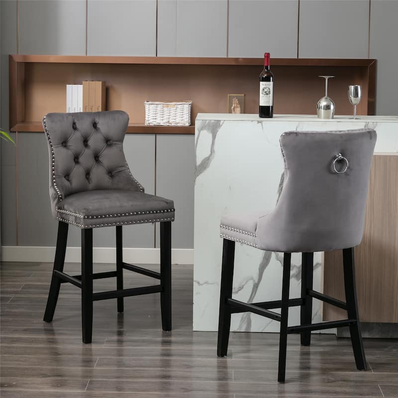 Modern Velvet Upholstered Barstools Bar Chairs with Button Tufted Decoration,Wooden Legs,Chrome Nailhead Trim, Set of 2 - Grey