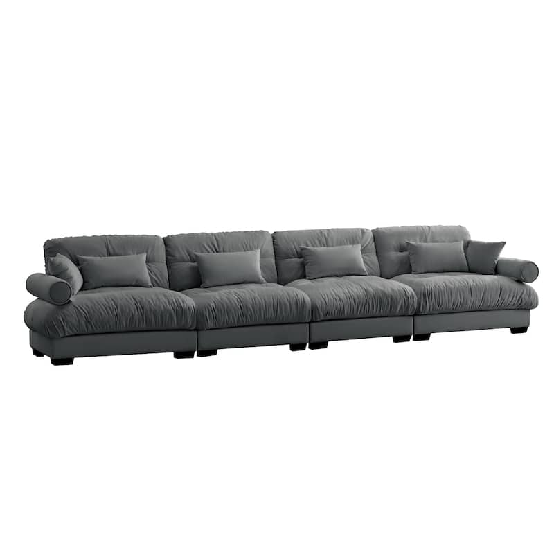 166" Velvet 4-Seater Sofa with Bolster Armrests, High-Resilience Sponge Cushions