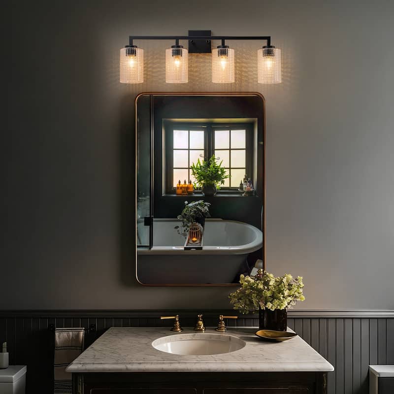 3/4-Light Modern Black Wall Sconce Bathroom Vanity Light with Grid Glass Shades