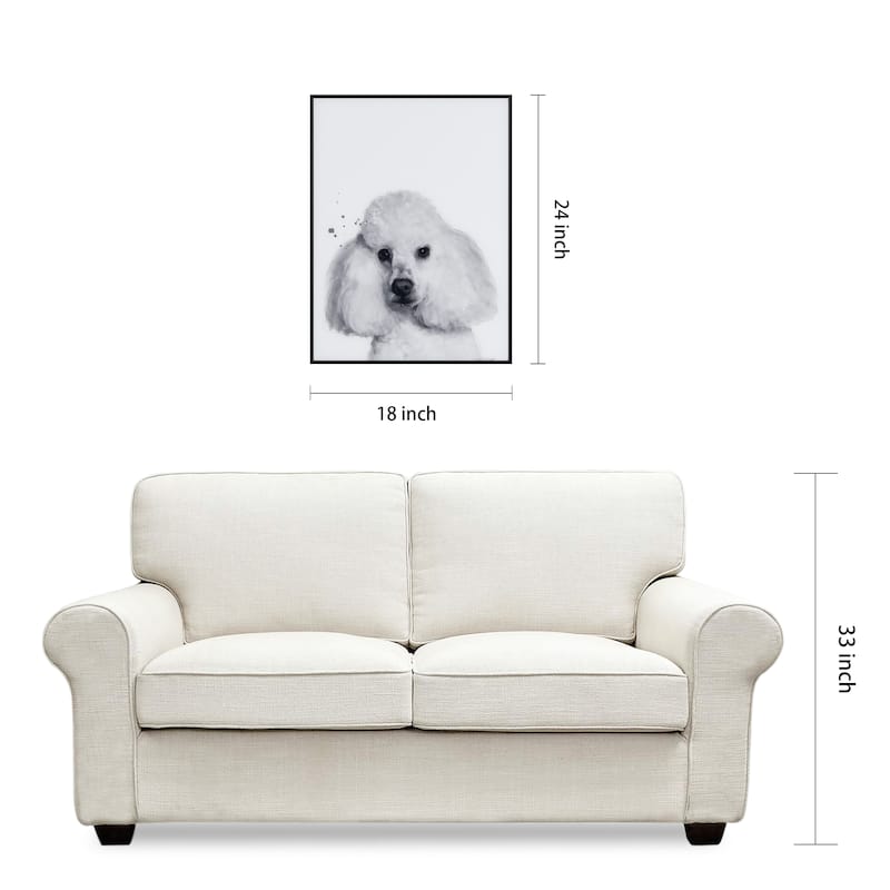 "Poodle" Black and White Pet Portraits on Reverse Printed Art Glass, Minimally Encased on Black Anodized Aluminum Frame