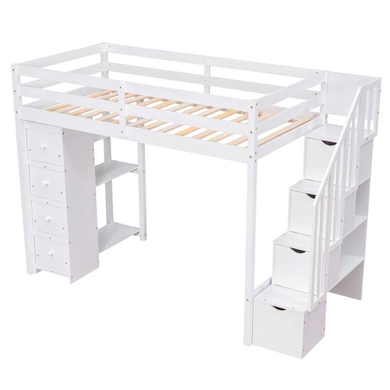 Twin-Size Loft Bed with Storage Drawers and Stairs, Wooden Loft Bed with Shelves for Teens