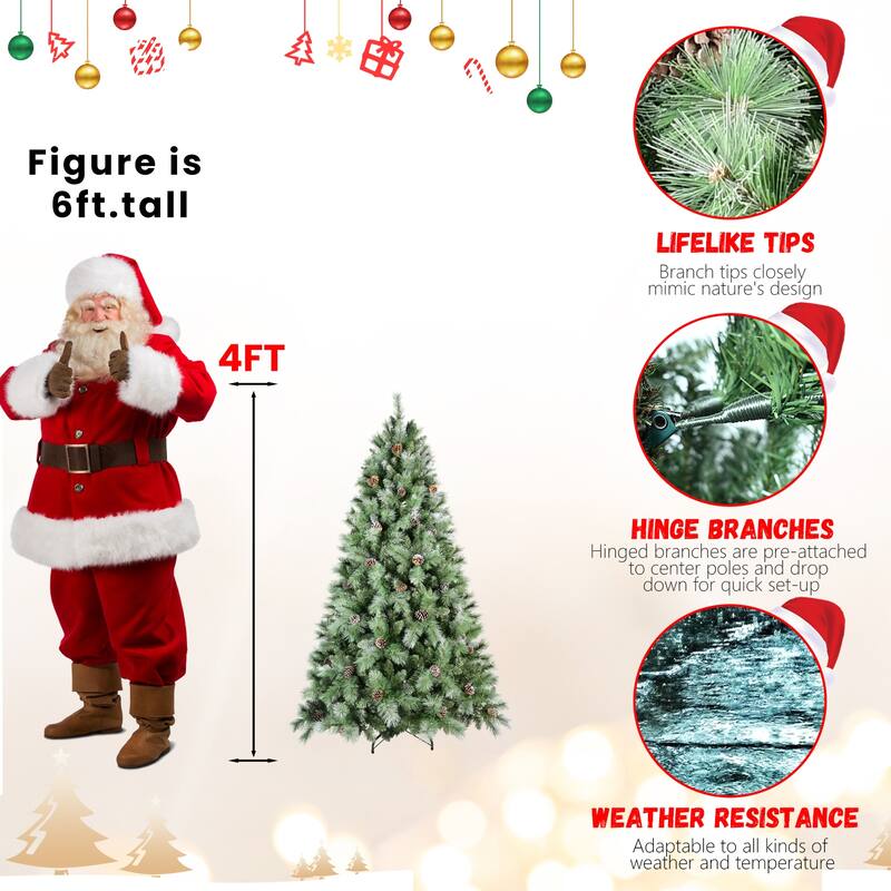 Artificial Christmas Tree - PVC & Hard Needle Branches, Pine Cones, Hinged Structure, Metal Stand - Green