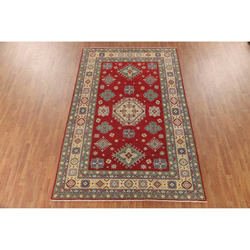 Geometric Red Kazak Area Rug Hand-Knotted Oriental Wool Carpet - 6'8" x 10'2"