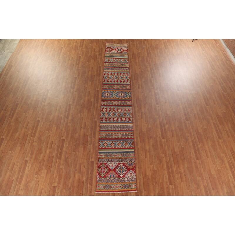 Hand Knotted Oriental 100% Wool Carpet Traditional All-Over Multi-Colored Kazak Runner Rug - 16' 0'' X 2' 7''