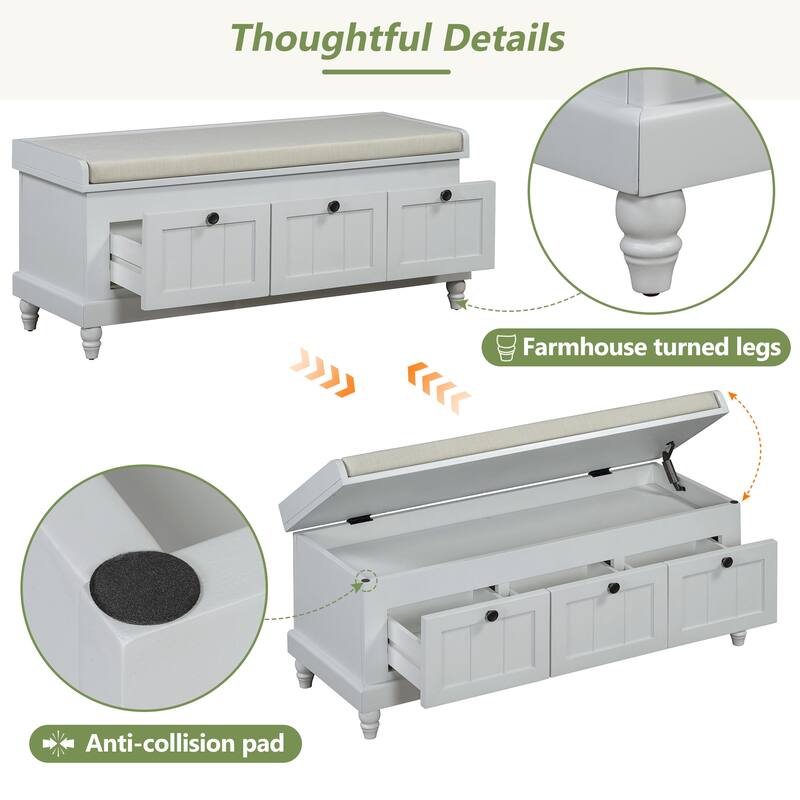 Classic Storage Bench with Cushioned Seat and 3 Drawers