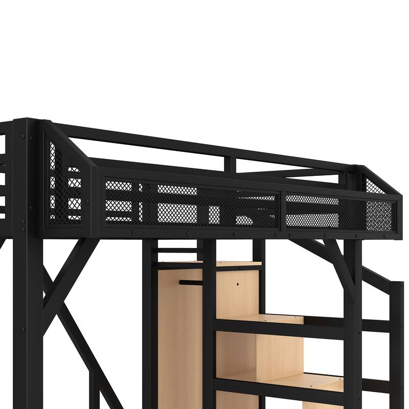 Twin XL/Twin Metal Loft Bed with Storage Stairs, Wardrobe, USB Ports & LED Lights