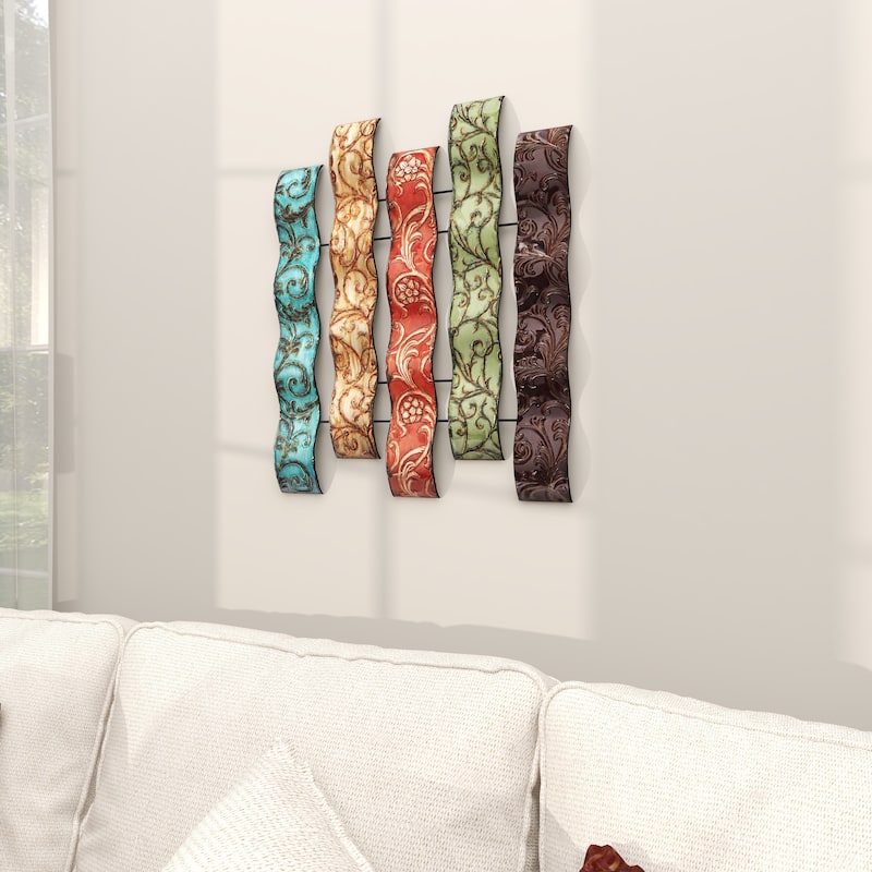 Multi Colored Metal 5 Wavy Panels Abstract Home Wall Decor with Embossed Details
