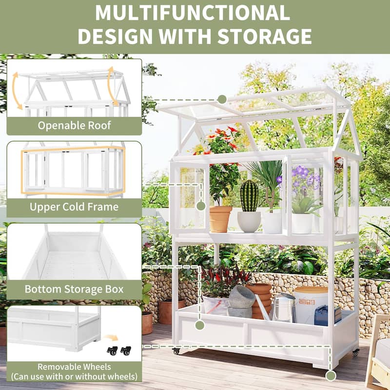 62″ Portable Wood Cold Frame Greenhouse with Storage Box