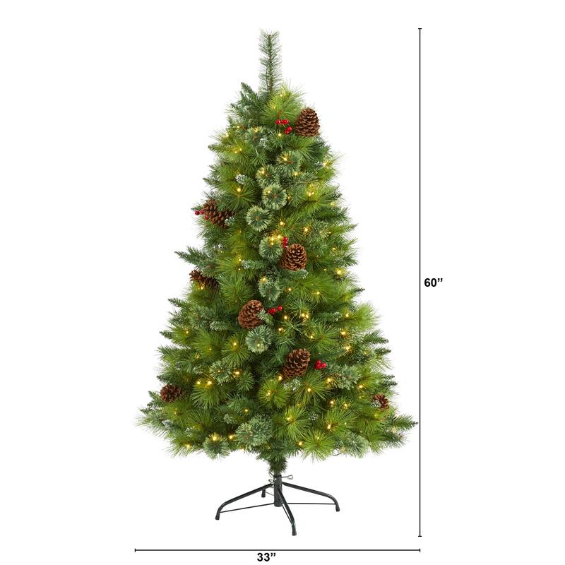 Pre-Lit Montana Pinecones Berries Artificial Christmas Tree - 5' - Warm Clear LED Lights - 5 Foot