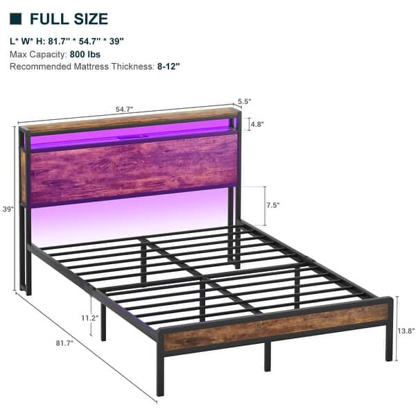 dimension image slide 11 of 13, Farmhouse Wood Platform Bed Frame with Charged Station and LED Lights